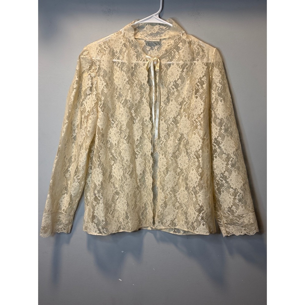 Vintage Diane von Furstenberg 80s Lace Bed Jacket Cream Floral Ribbon Tie Med